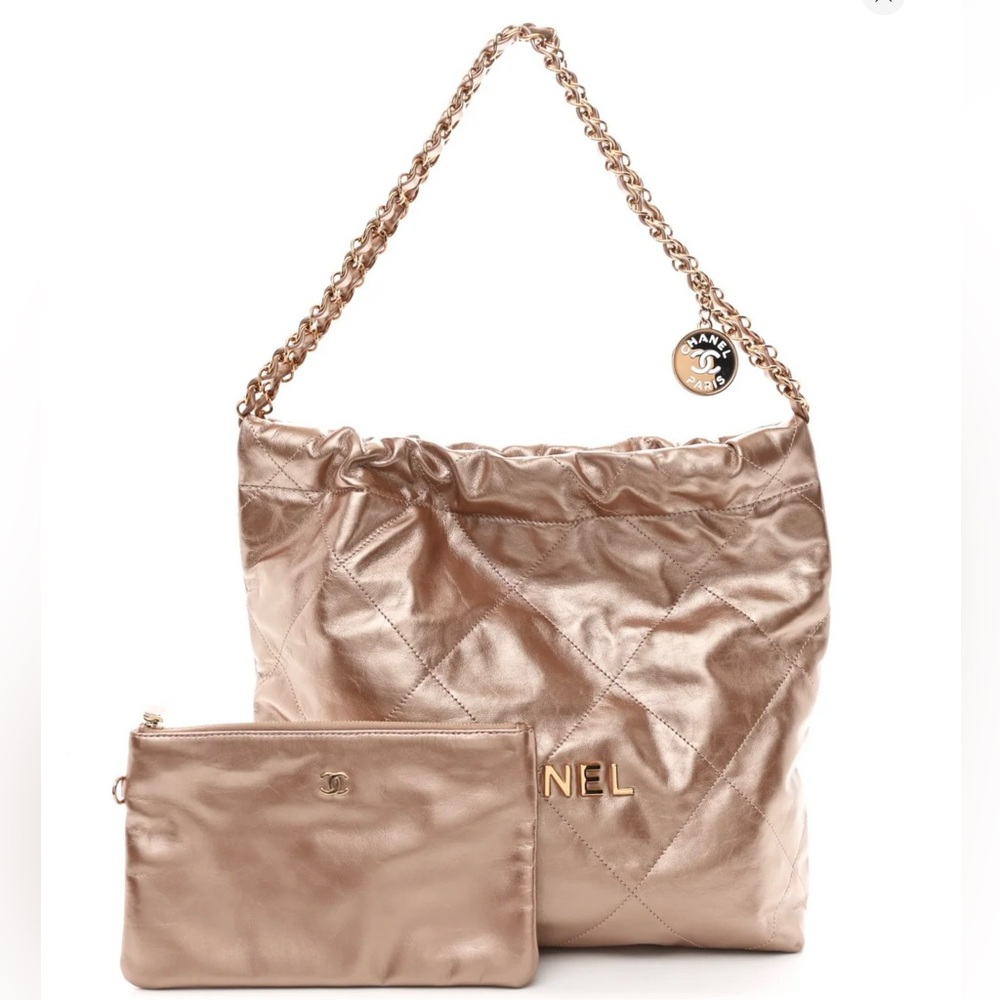 CHANEL Metallic Rose Gold Quilted Shoulder Bag with Pouch